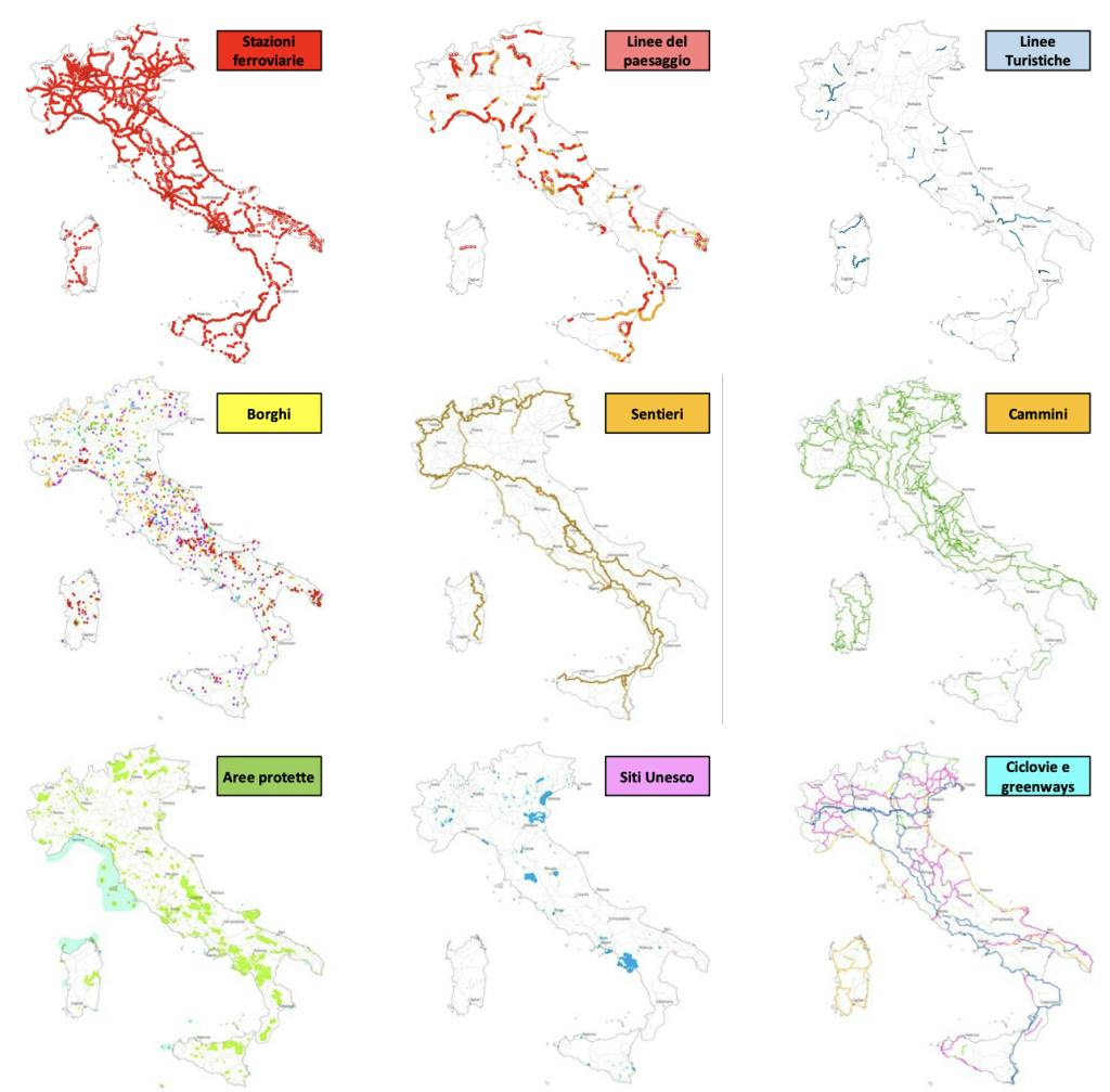 Un long travail de fourmis pour superposer tous les moyens de transport doux et les points d'intérêts en Italie. Illustration : A.DO.MO.