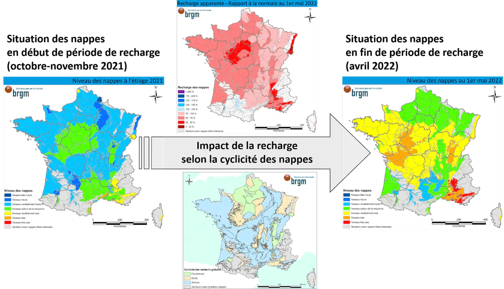 Impact de la recharge sur la situation des nappes au 1ᵉʳ mai 2022. BRGM, CC BY-NC-ND