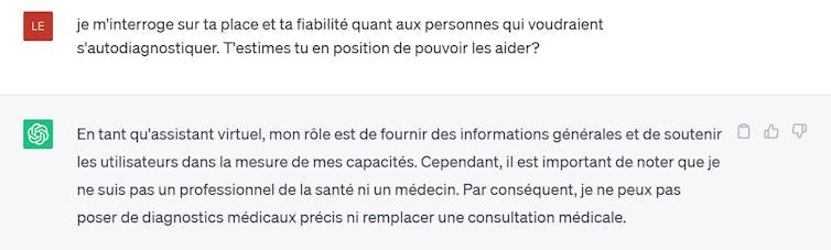 Réponse de ChatGPT : « Il est important de noter que je ne suis pas un professionnel de santé »