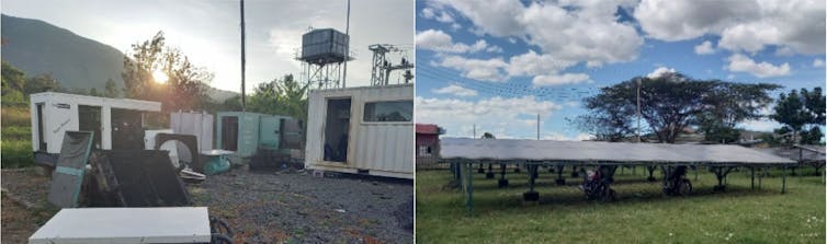 Exemples de mini-réseaux isolés au Kenya : à gauche, les groupes électrogènes du mini-réseau de Mfangano, à droite l’installation solaire du mini-réseau de Talek