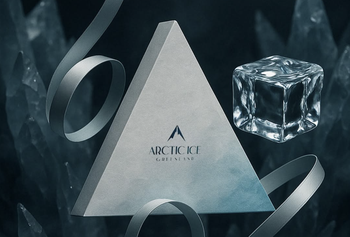 Boîte triangulaire Arctic Ice avec rubans argentés et cube de glace sur fond glacé