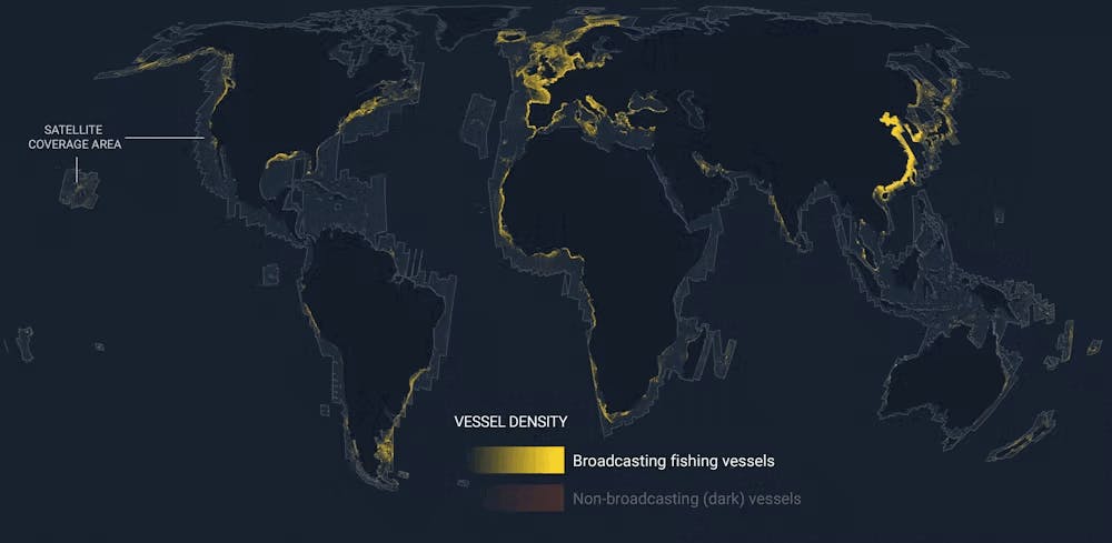 Carte mondiale montrant la densité des navires de pêche diffusant ou non leur position.