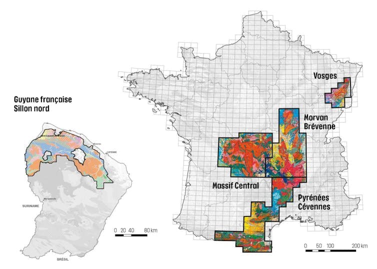 Carte des zones géologiques explorées en France et en Guyane française pour des ressources naturelles.