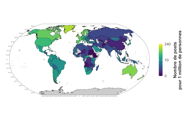 Carte mondiale du nombre de psychiatres pour un million de personnes par pays