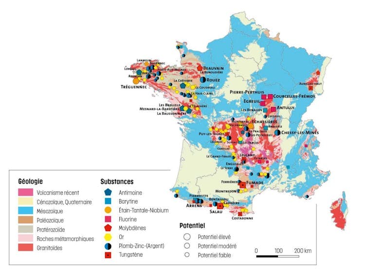Carte de France montrant les ressources minières potentielles par région et type de substance.