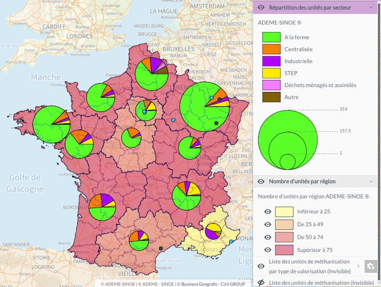 Carte de France avec diagrammes circulaires montrant la répartition d'activités par région.
