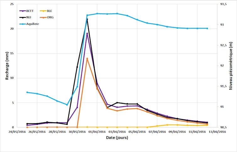 Graphique montrant recharge et niveau piézométrique après un événement entre juin et novembre 2016
