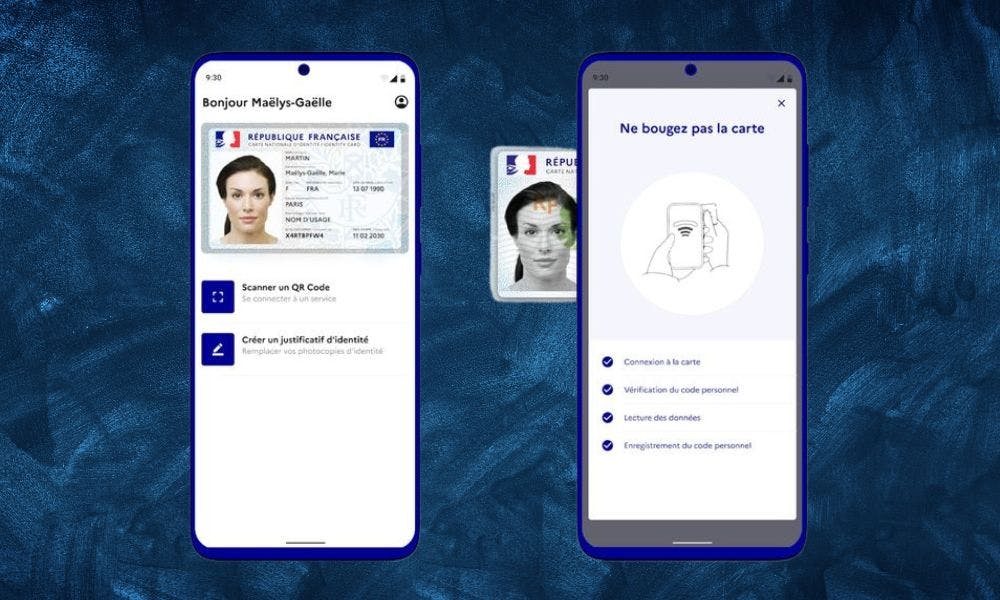 Deux smartphones affichent une carte d'identité française avec une interface de vérification numérique.