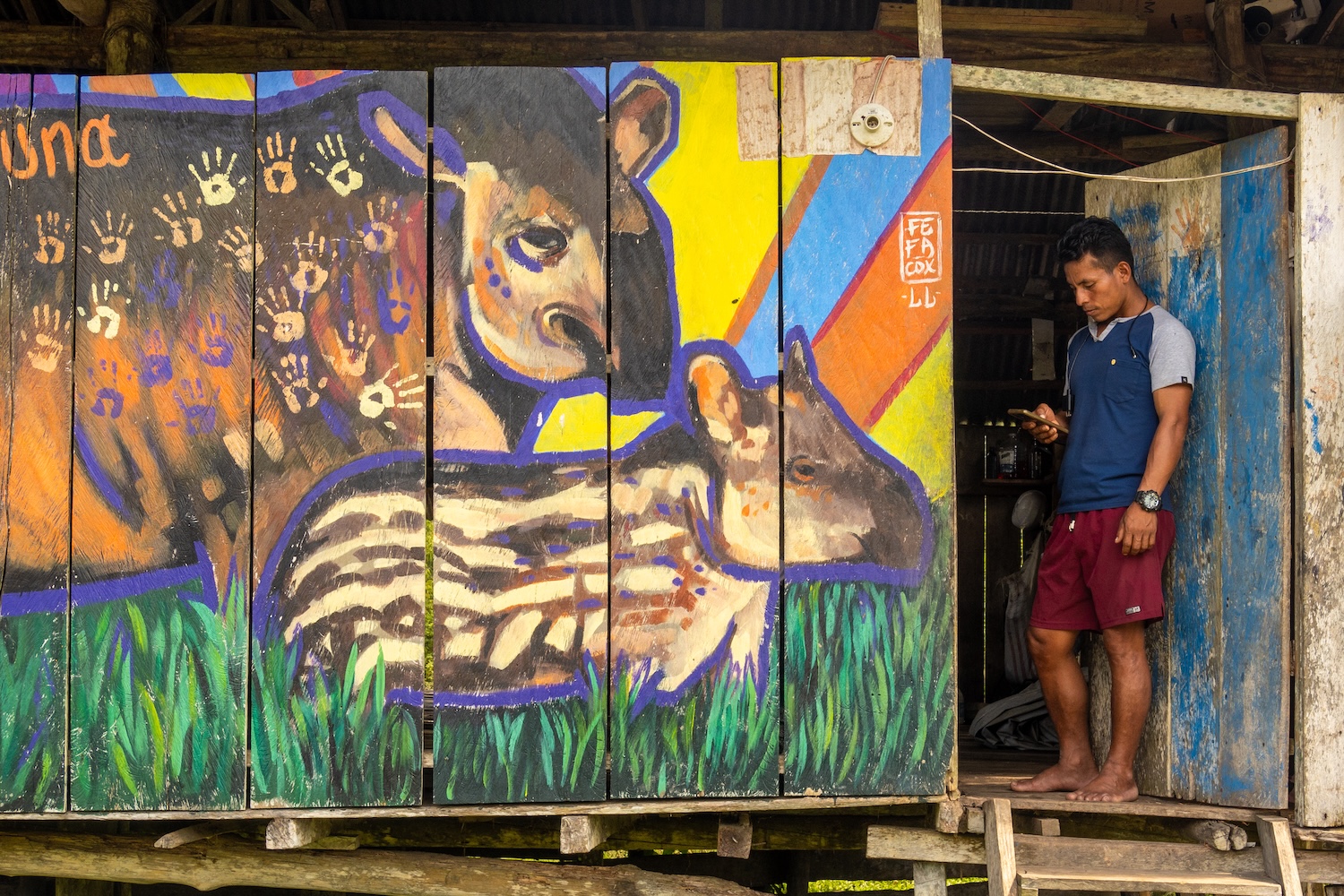 Homme debout près d'une peinture murale colorée représentant deux tapirs dans un décor tropical