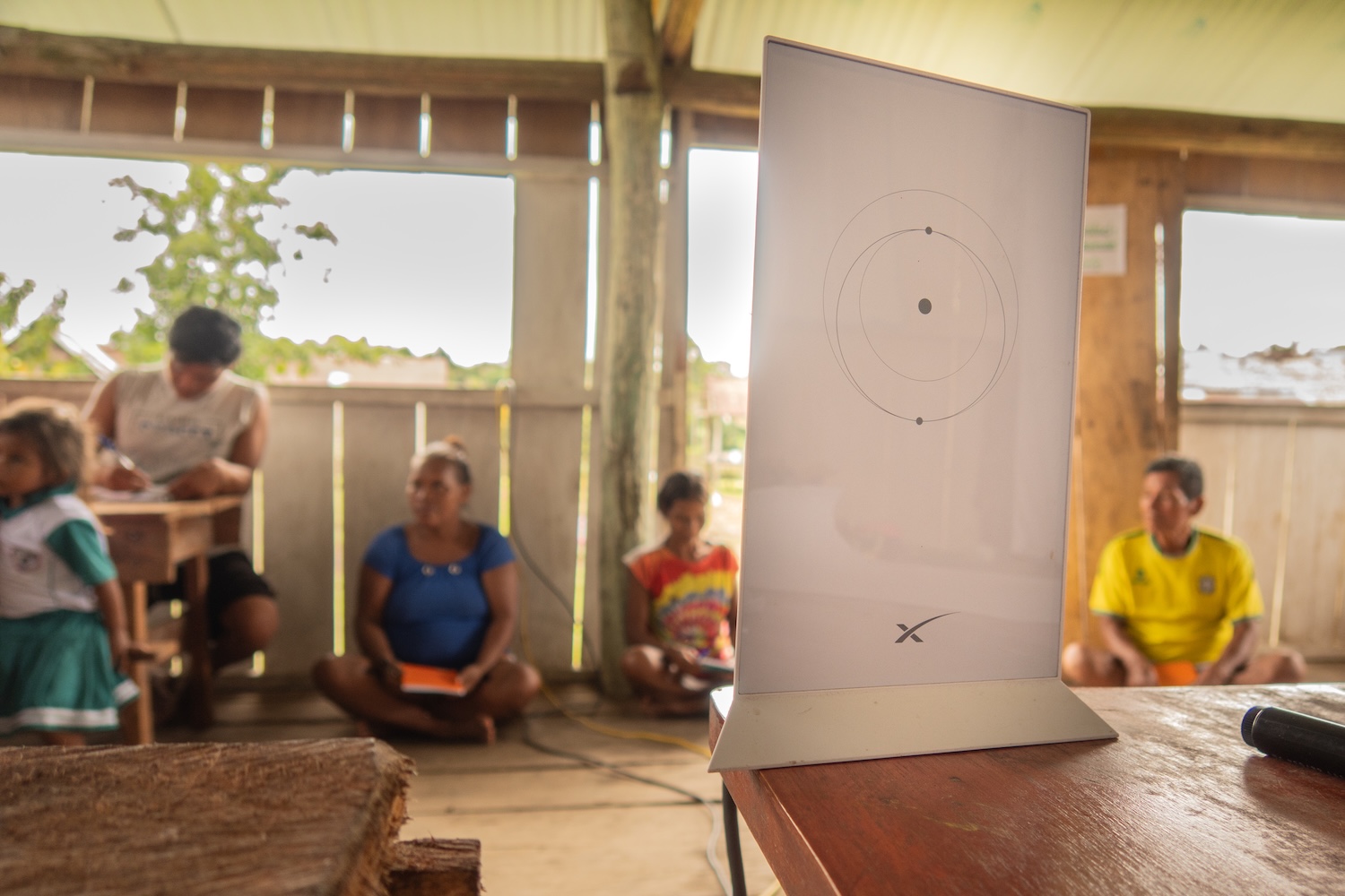 Antenne Starlink au premier plan avec des personnes assises dans une pièce en bois.