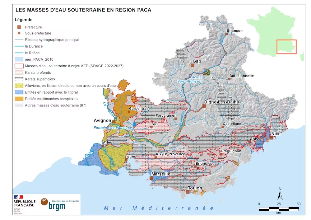 Carte des zones de répartition des ressources en eau en région Provence-Alpes-Côte d’Azur.