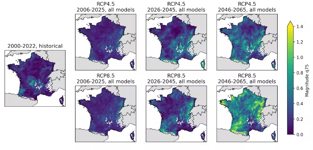 Cartes de France montrant l'évolution climatique selon différents scénarios et périodes futures.