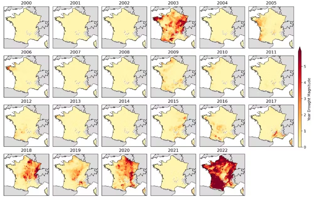 Évolution annuelle de la sécheresse en France de 2008 à 2022, avec intensification en 2022.