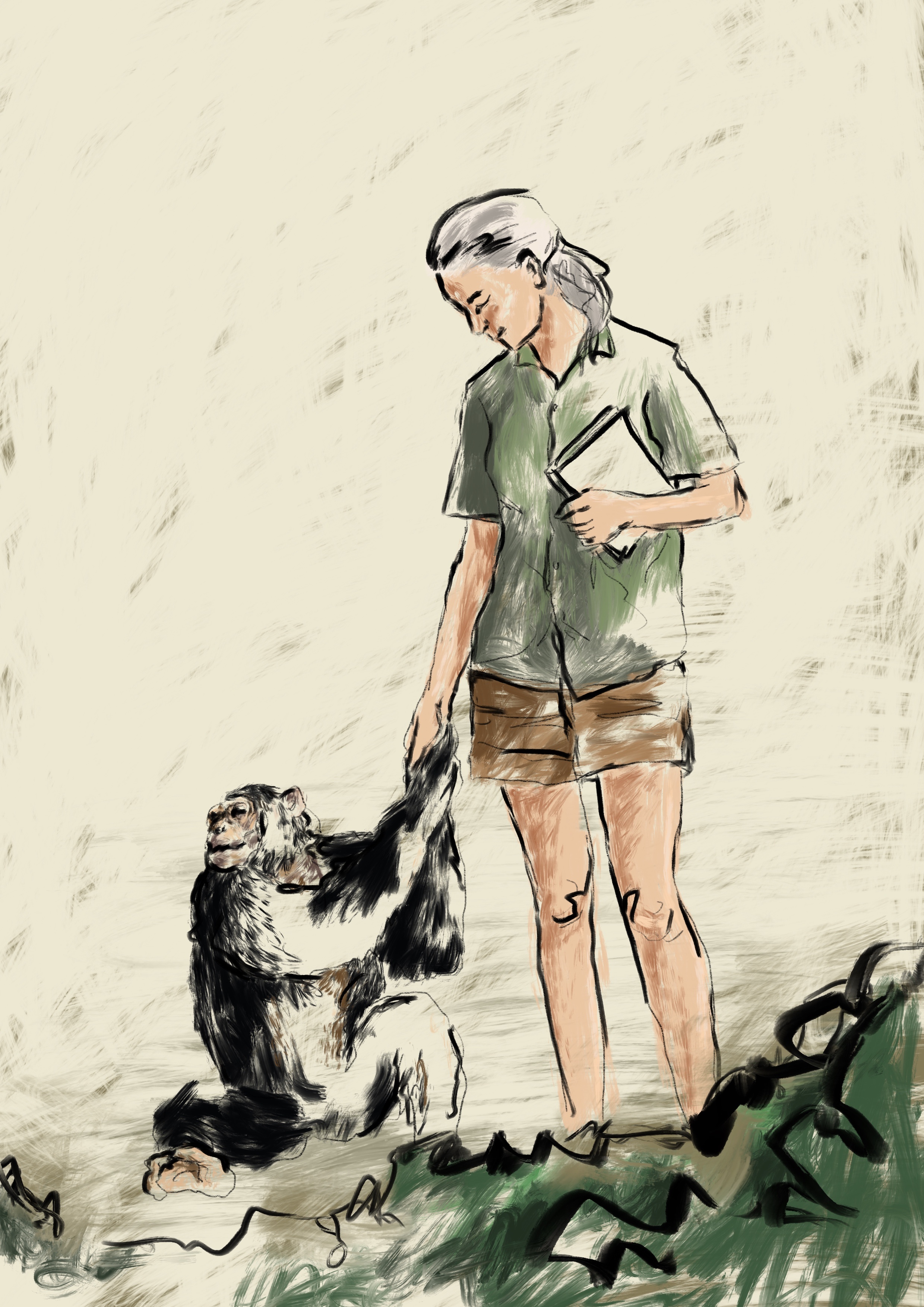 Personne aux cheveux gris tenant un livre contre elle, regard baissé, sur fond beige clair