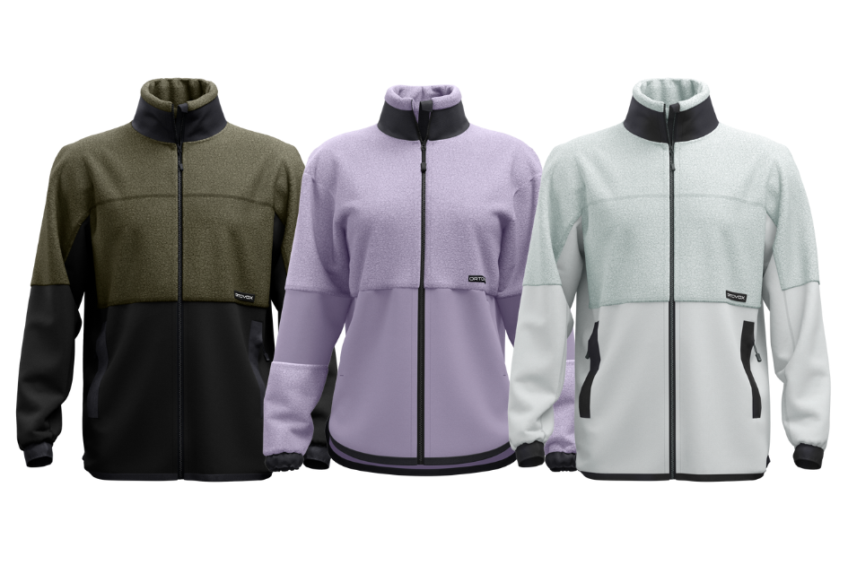 Trois vestes zippées bicolores avec col montant, en kaki, violet et gris clair.