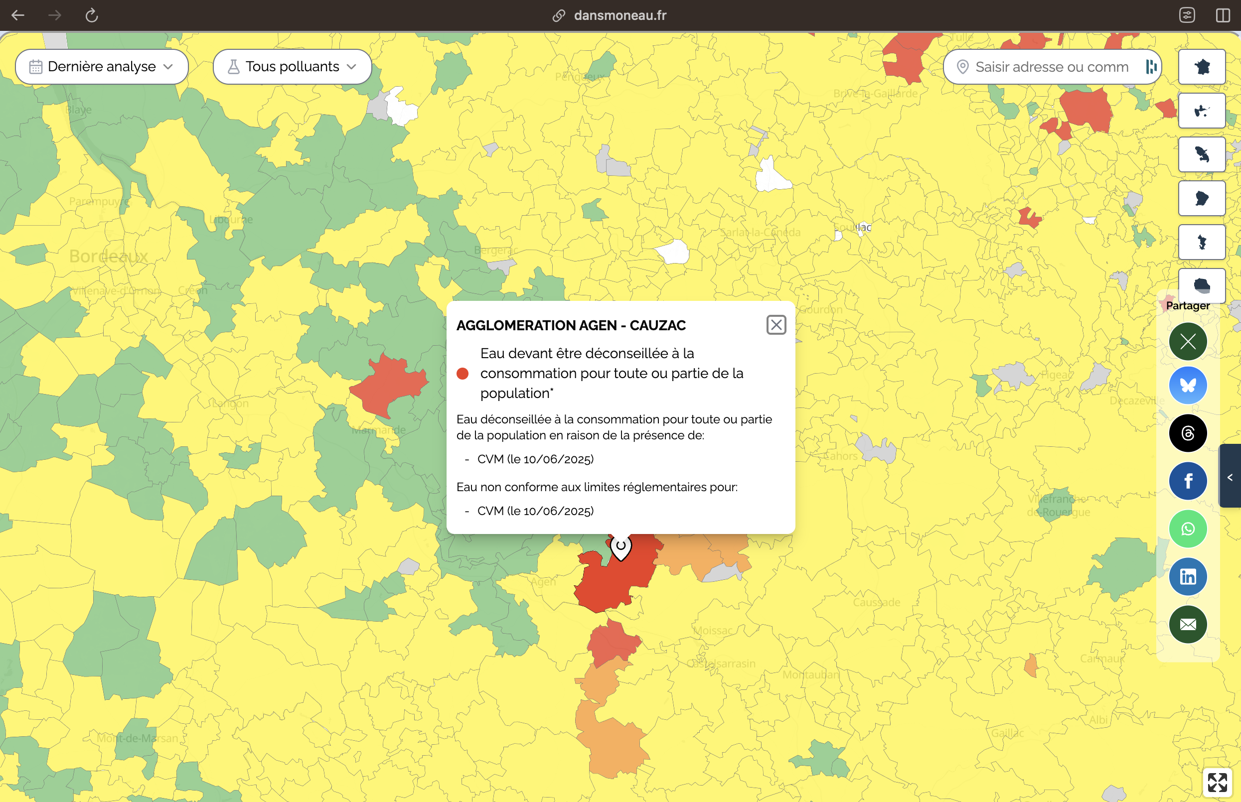 Carte interactive montrant la pollution dans l'eau du robinet avec zones colorées selon la qualité.
