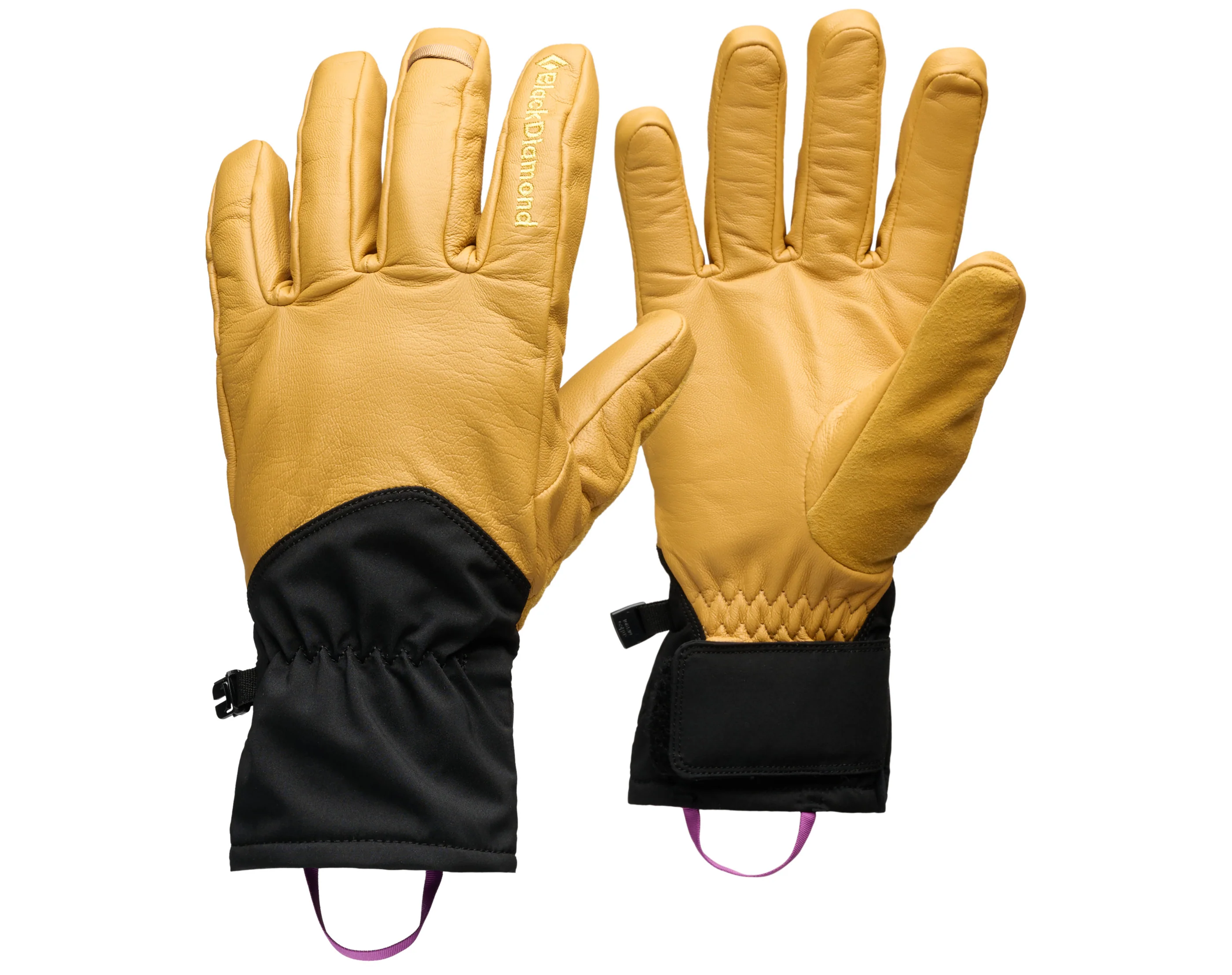 Gants de ski en cuir jaune avec poignets noirs et cordons de serrage roses