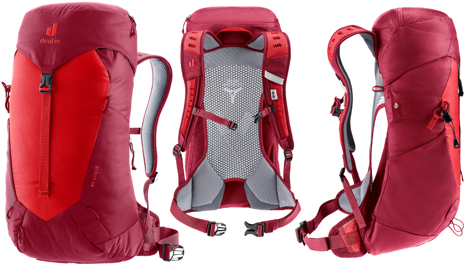 Sac à dos de randonnée Deuter rouge vu de face, dos et profil, avec bretelles rembourrées