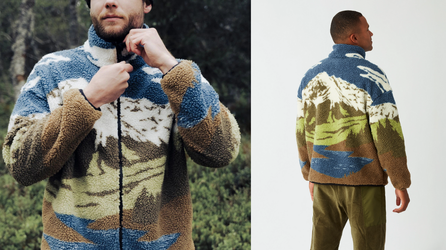 Veste polaire zippée avec motif de paysage montagneux, portée en extérieur et en studio.