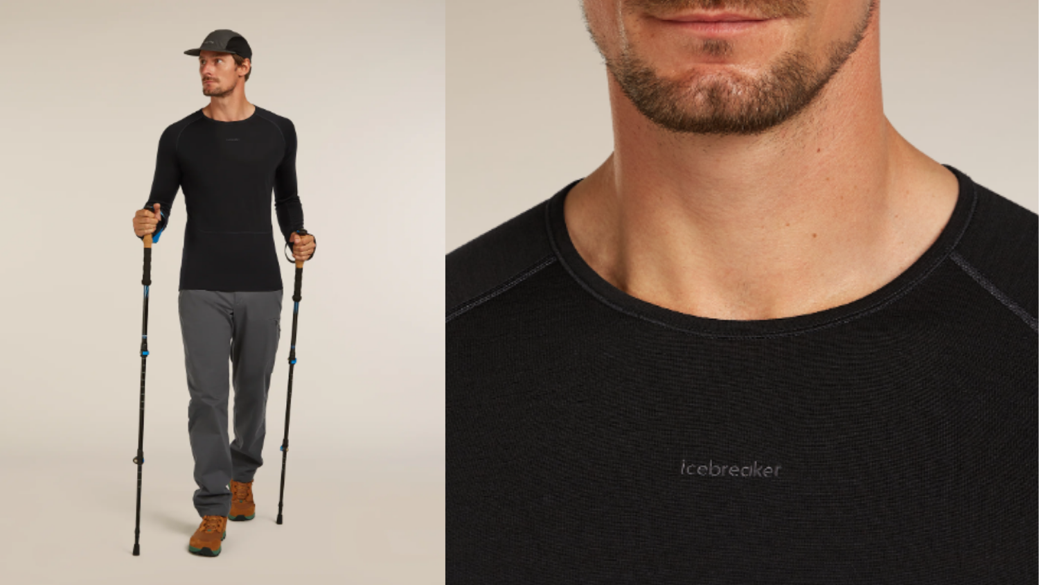 Homme en tenue de randonnée avec haut noir Icebreaker à manches longues et bâtons de marche.
