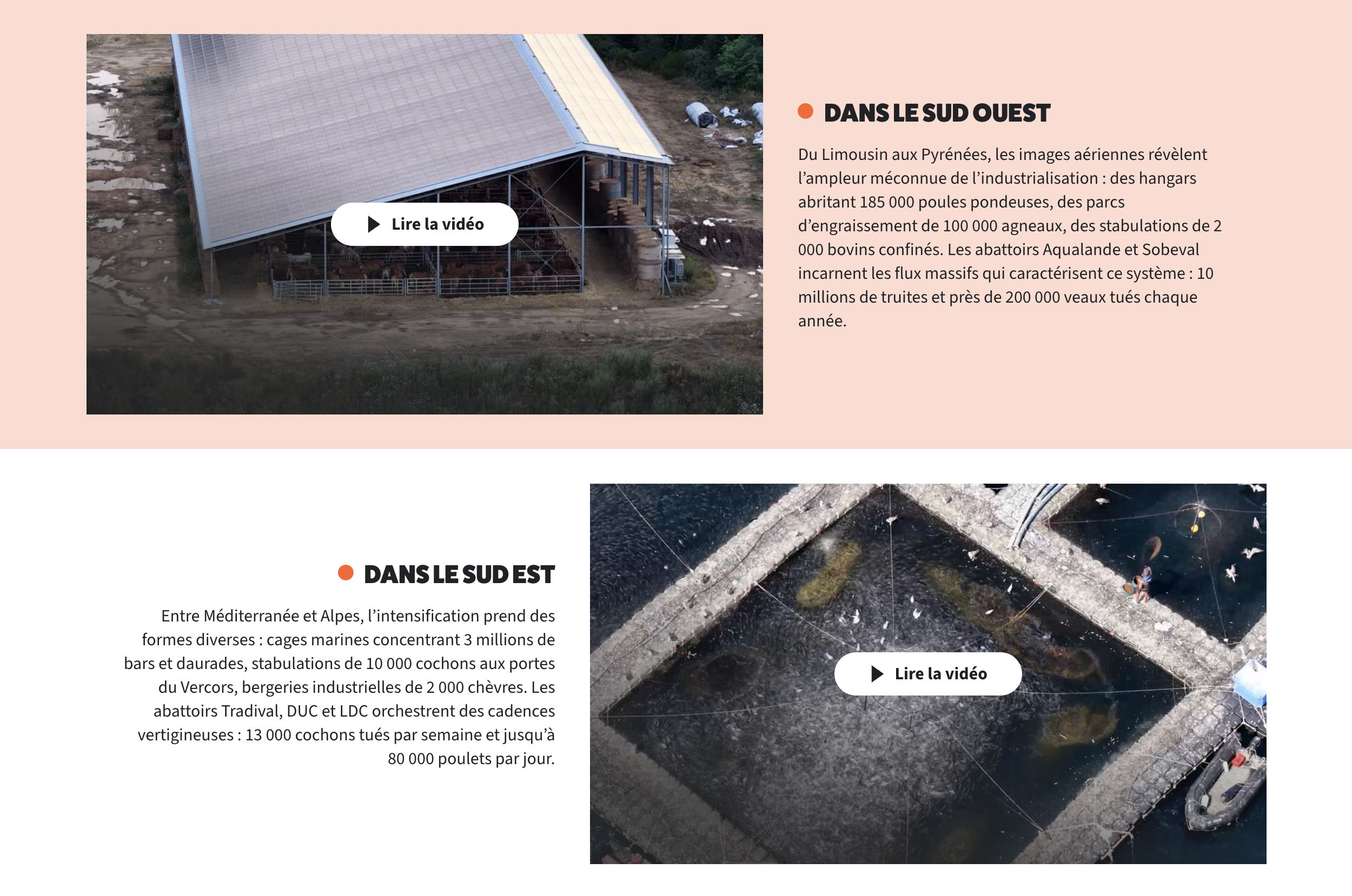 Vue aérienne de bâtiments agricoles avec bouton pour visionner une vidéo dans chaque région.