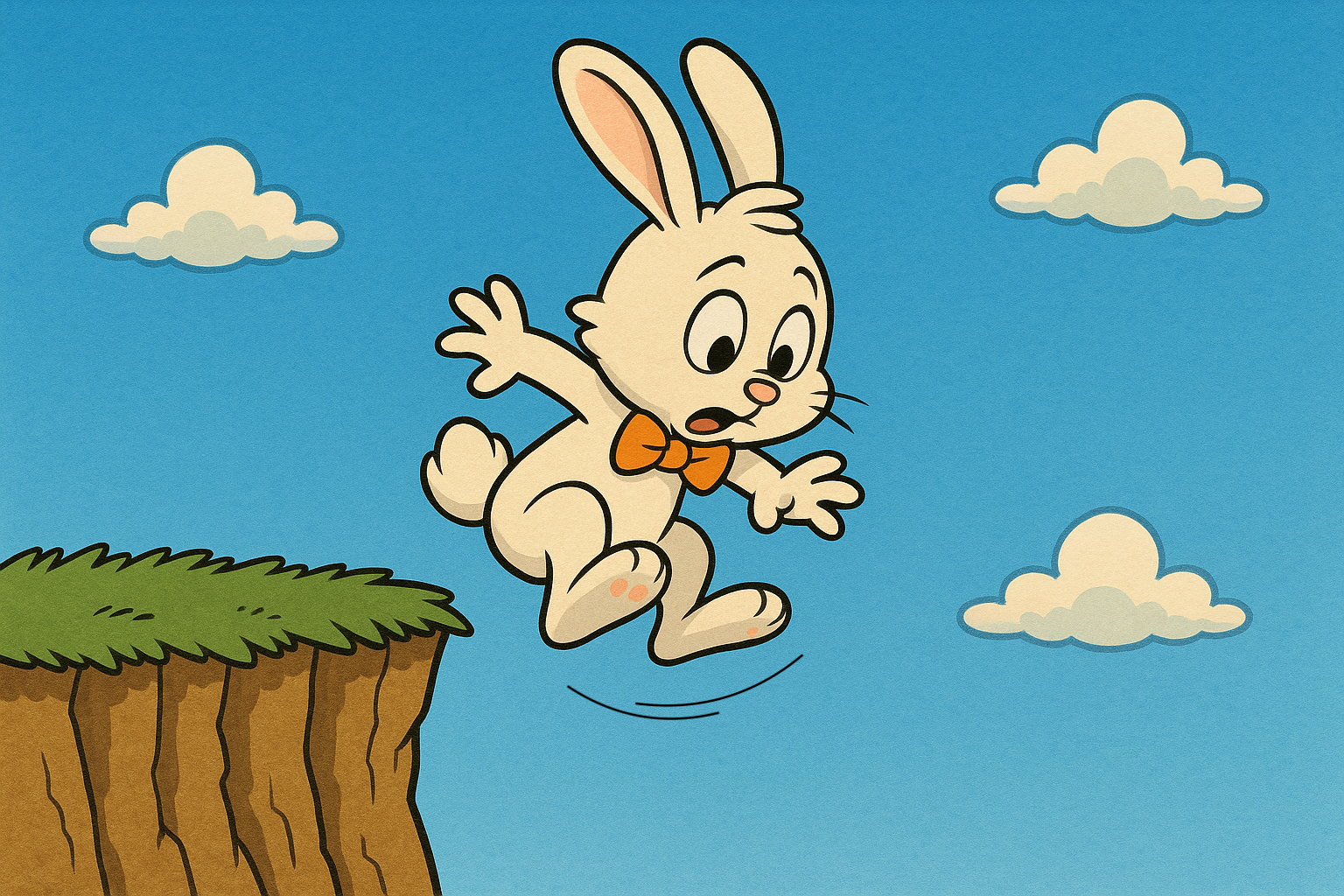 Un lapin dessiné tombe d'une falaise, l'air surpris, sous un ciel bleu clair.