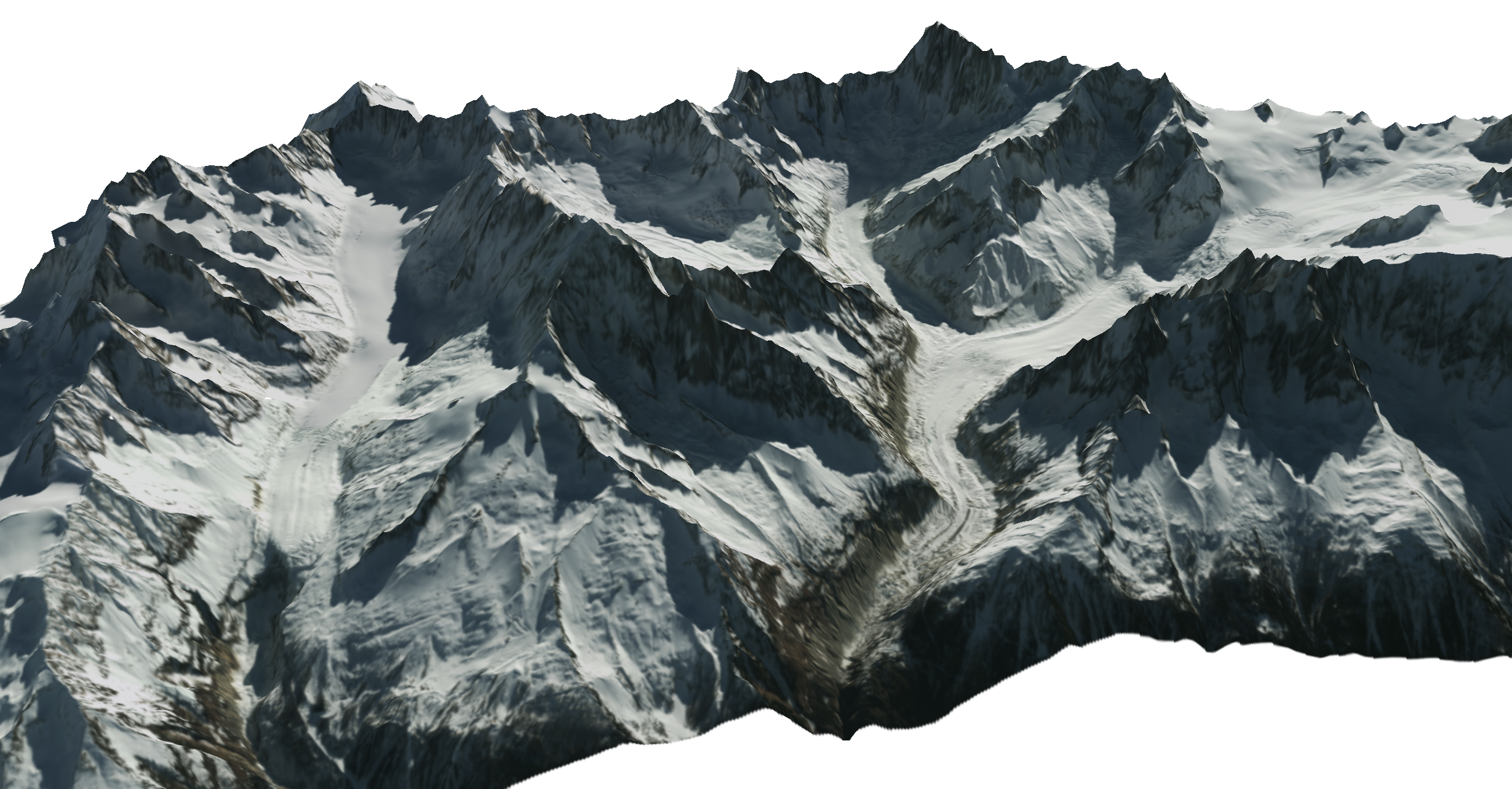 Relief montagneux enneigé avec vallées profondes et sommets escarpés, vu en perspective aérienne.