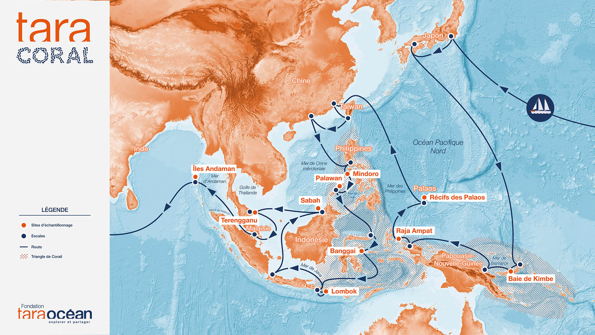 Carte de l'expédition Tara Coral en Asie-Pacifique avec les principales étapes du parcours.