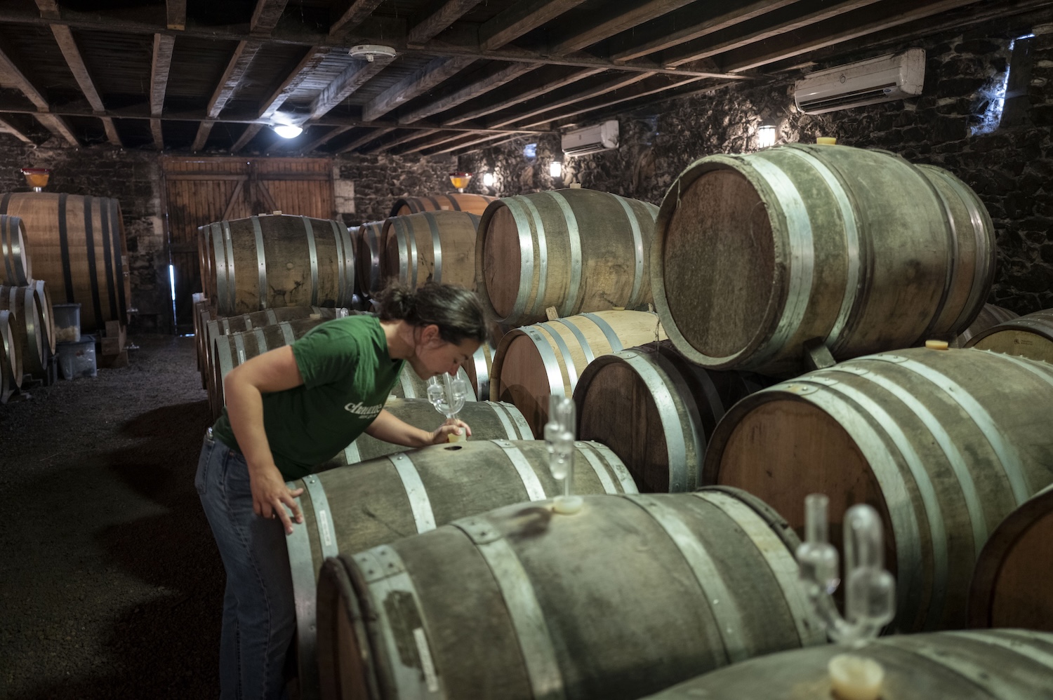 Une personne inspecte des fûts de vin dans une cave en pierre voûtée.