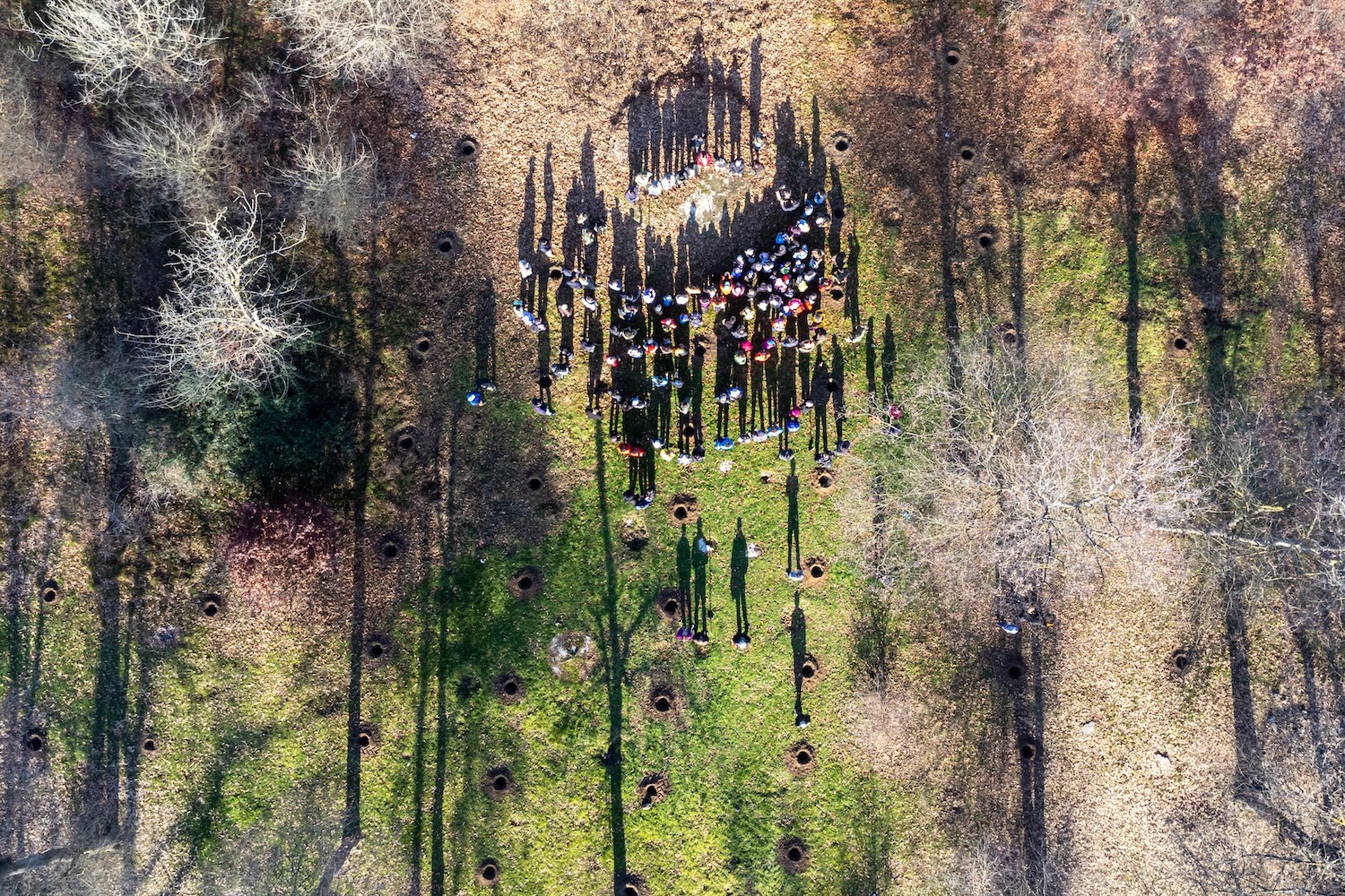 Vue aérienne d’un groupe de personnes rassemblées dans une clairière entourée d’arbres.