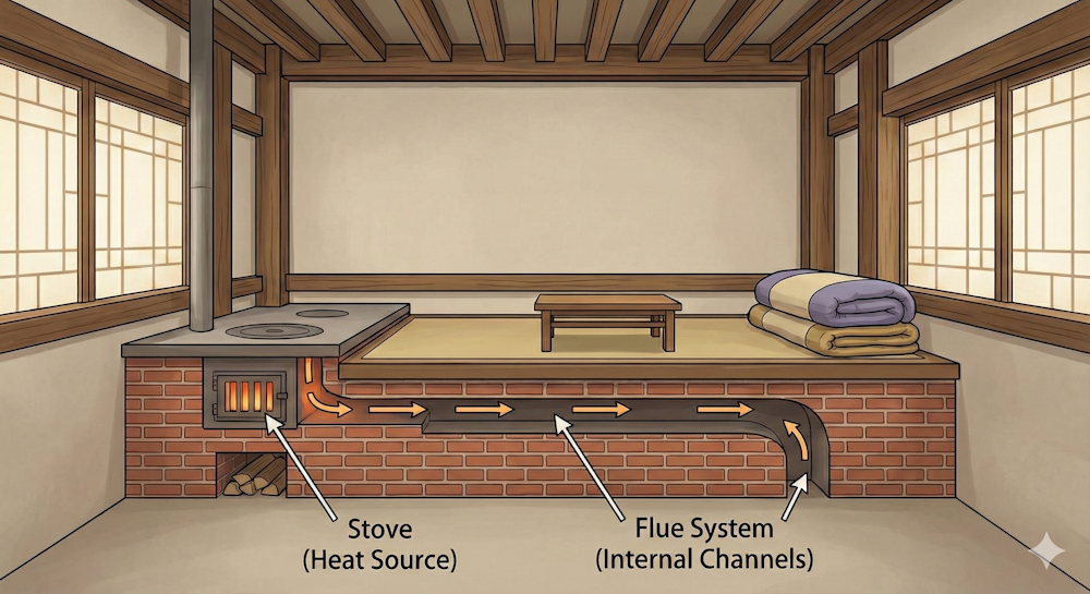 Système de chauffage traditionnel coréen avec poêle, canaux internes et lit chauffé.
