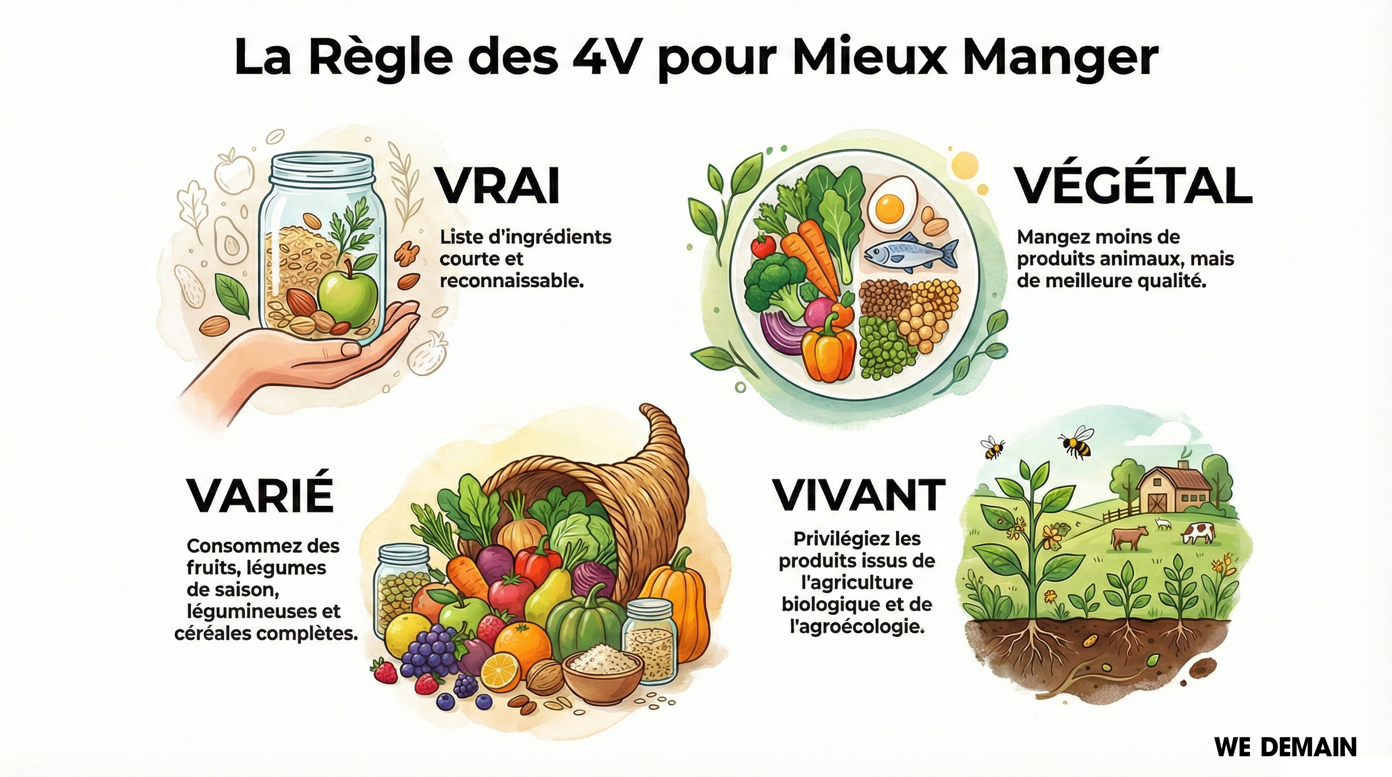 Infographie illustrant la règle des 4V pour une alimentation saine et équilibrée.