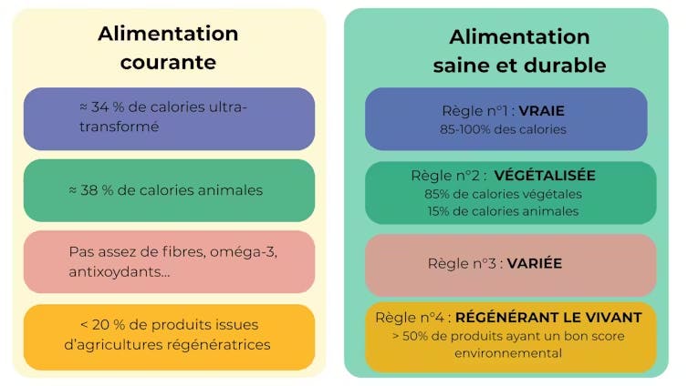 Comparaison entre alimentation courante et alimentation saine et durable selon quatre critères principaux.