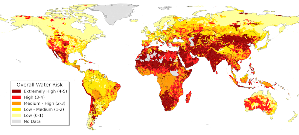 Carte mondiale des zones à risque élevé de stress hydrique, en rouge et orange foncé.