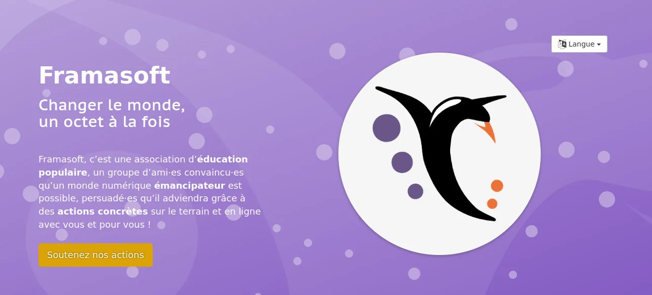 Logo de Framasoft avec un pingouin stylisé sur fond violet et texte de présentation.