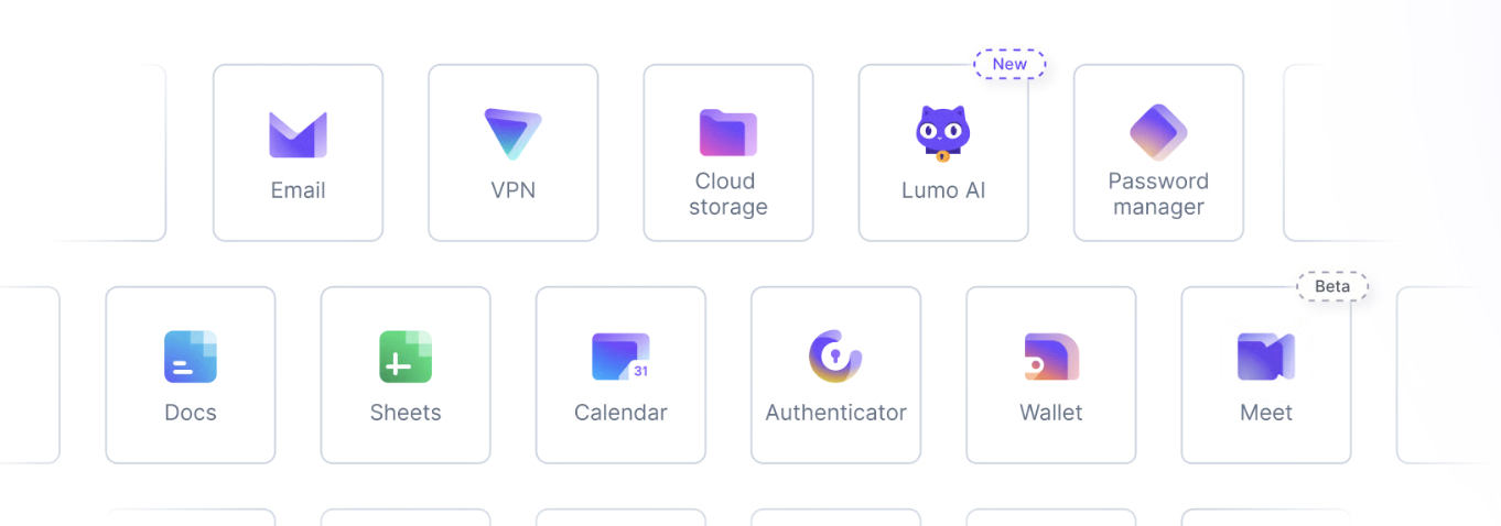 Icônes d'applications numériques incluant Lumo AI, VPN, Cloud storage, Calendar et Wallet