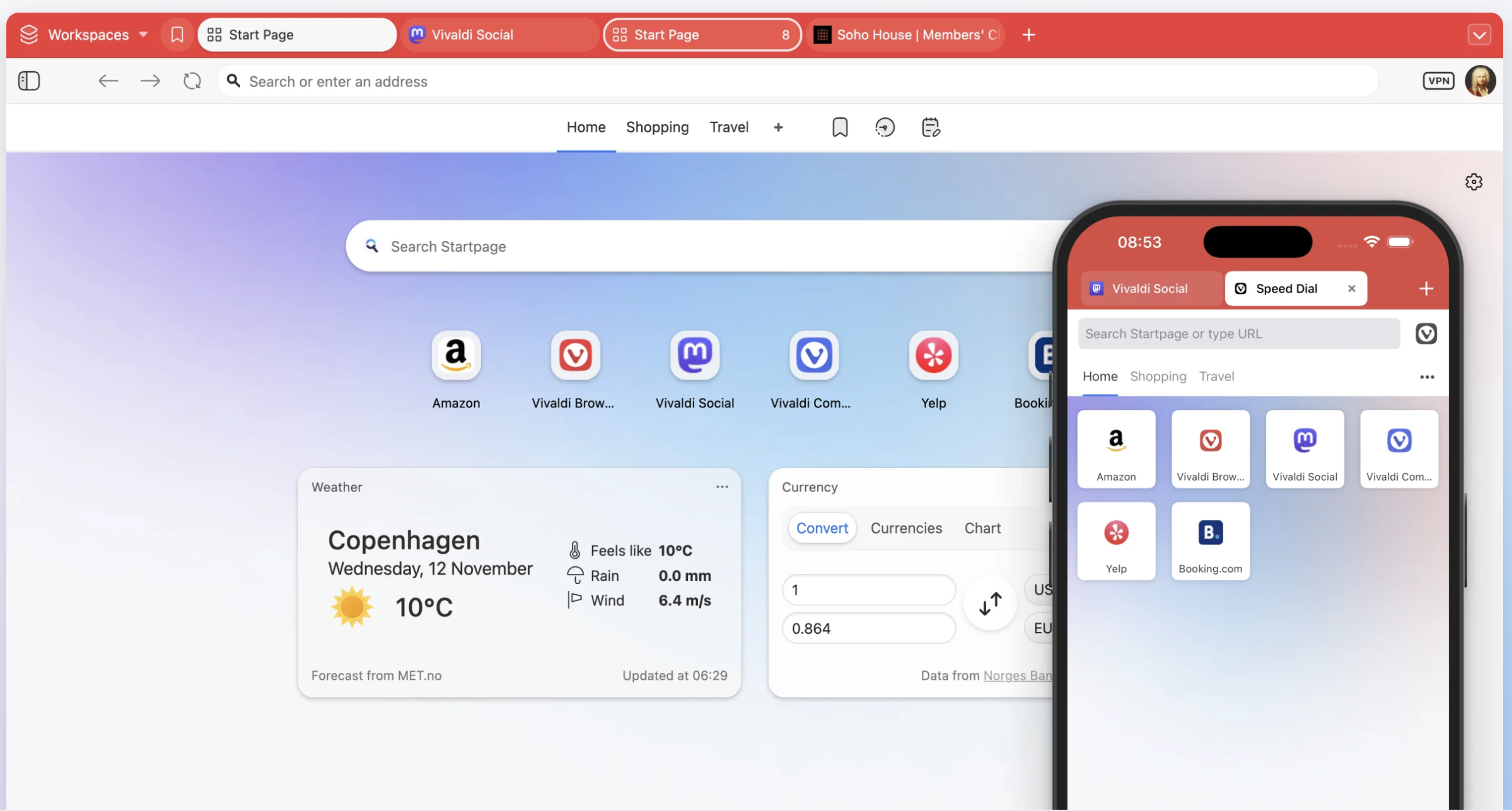 Navigateur Opera affiché sur un ordinateur et un smartphone avec interface personnalisée et météo.
