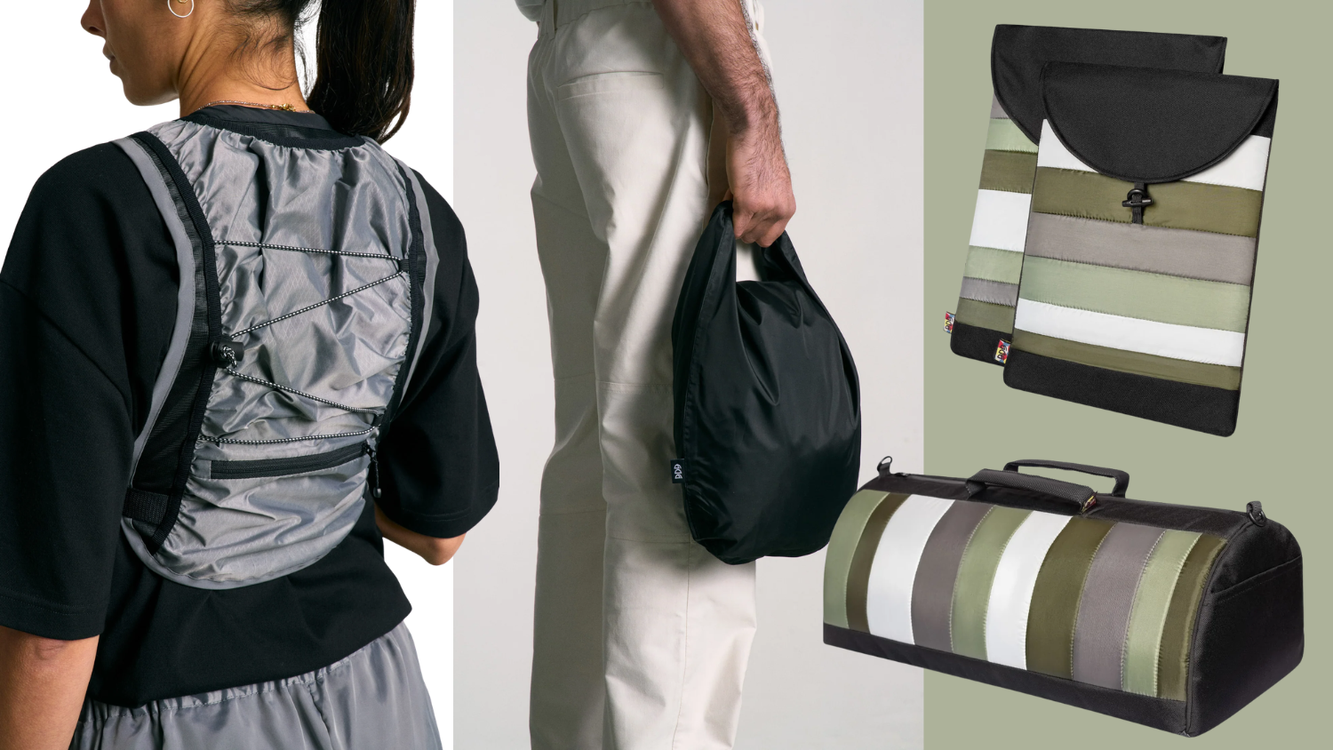 Sacs pliables portés en sac à dos, à la main ou en version rayée compacte.