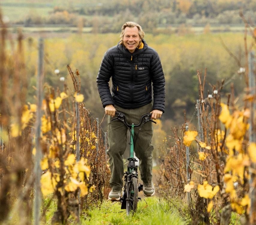 Homme souriant marchant dans un vignoble automnal avec des vignes jaunies en arrière-plan.