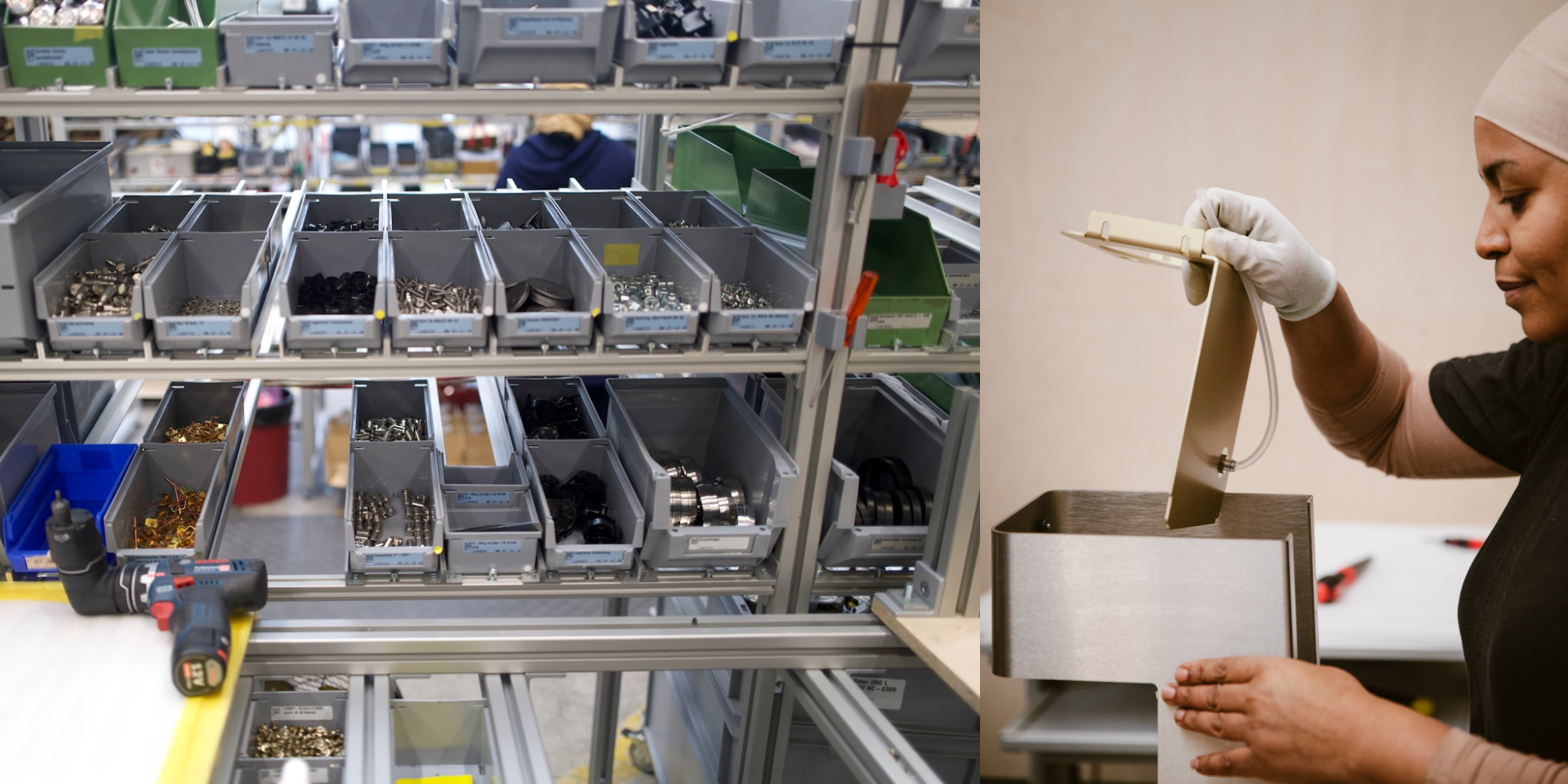 Femme travaillant avec des pièces détachées dans un atelier de fabrication ou de réparation.
