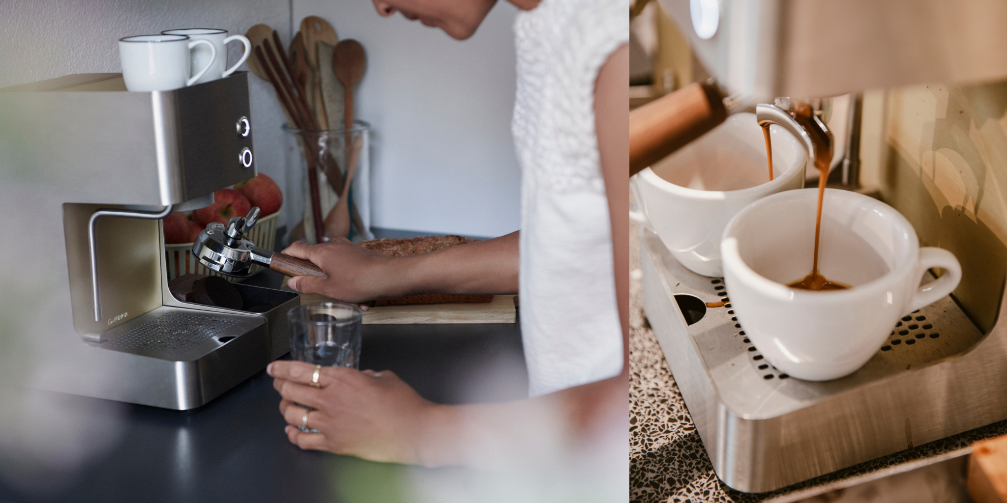 Personne prépare un café avec une machine expresso, tasse prête à être remplie.