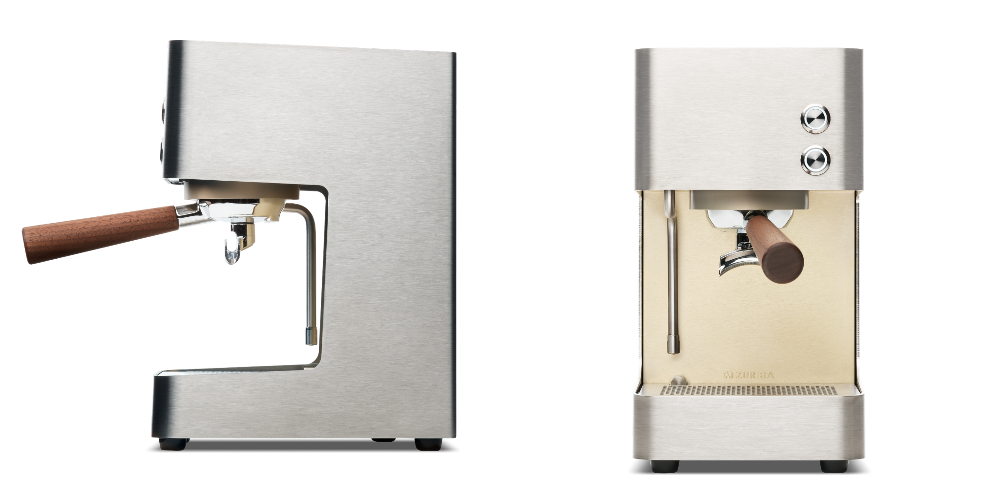 Deux machines à café en acier inoxydable avec poignées en bois.