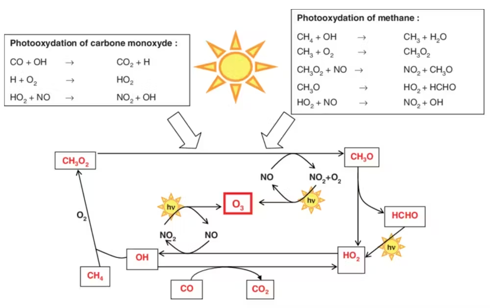 Schéma des réactions photochimiques impliquant CO, NO, CH4 et la lumière du soleil.