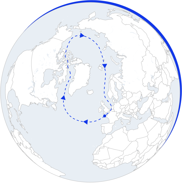 Carte montrant un itinéraire maritime en boucle dans l'océan Atlantique Nord.