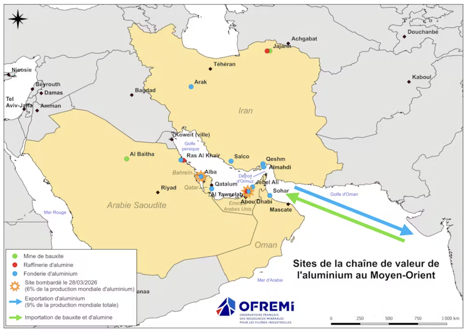 Carte des sites de la chaîne de valeur de l'aluminium au Moyen-Orient.