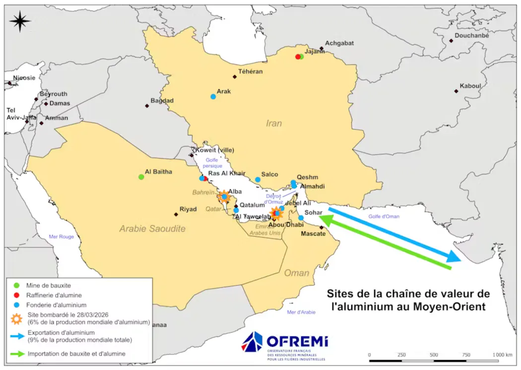 Carte des sites de la chaîne de valeur de l'aluminium au Moyen-Orient.
