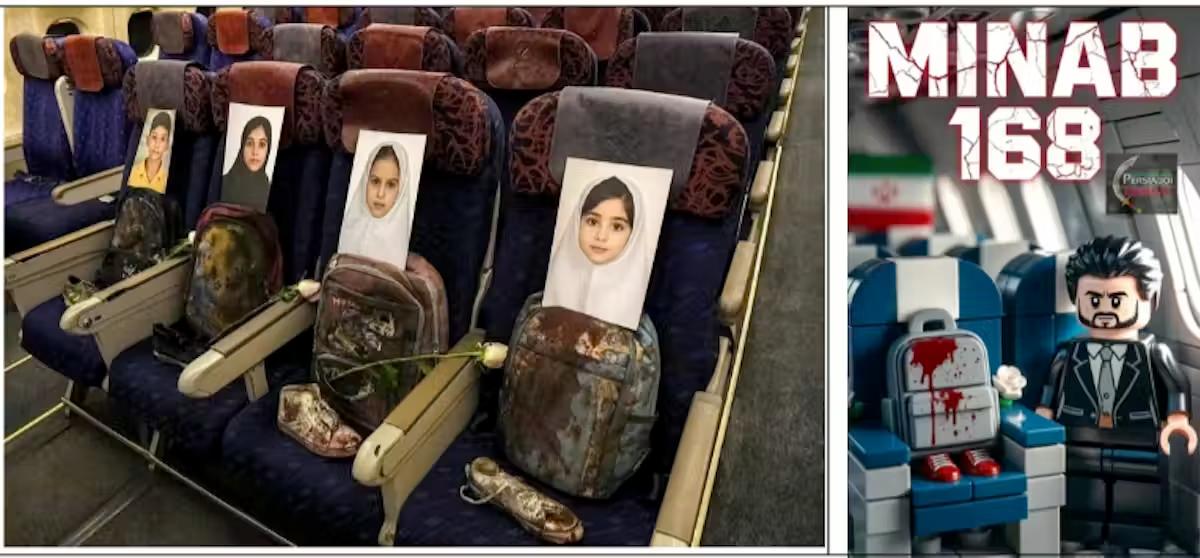 Photos de passagers disparus sur des sièges d'avion, avec une illustration en LEGO à droite.