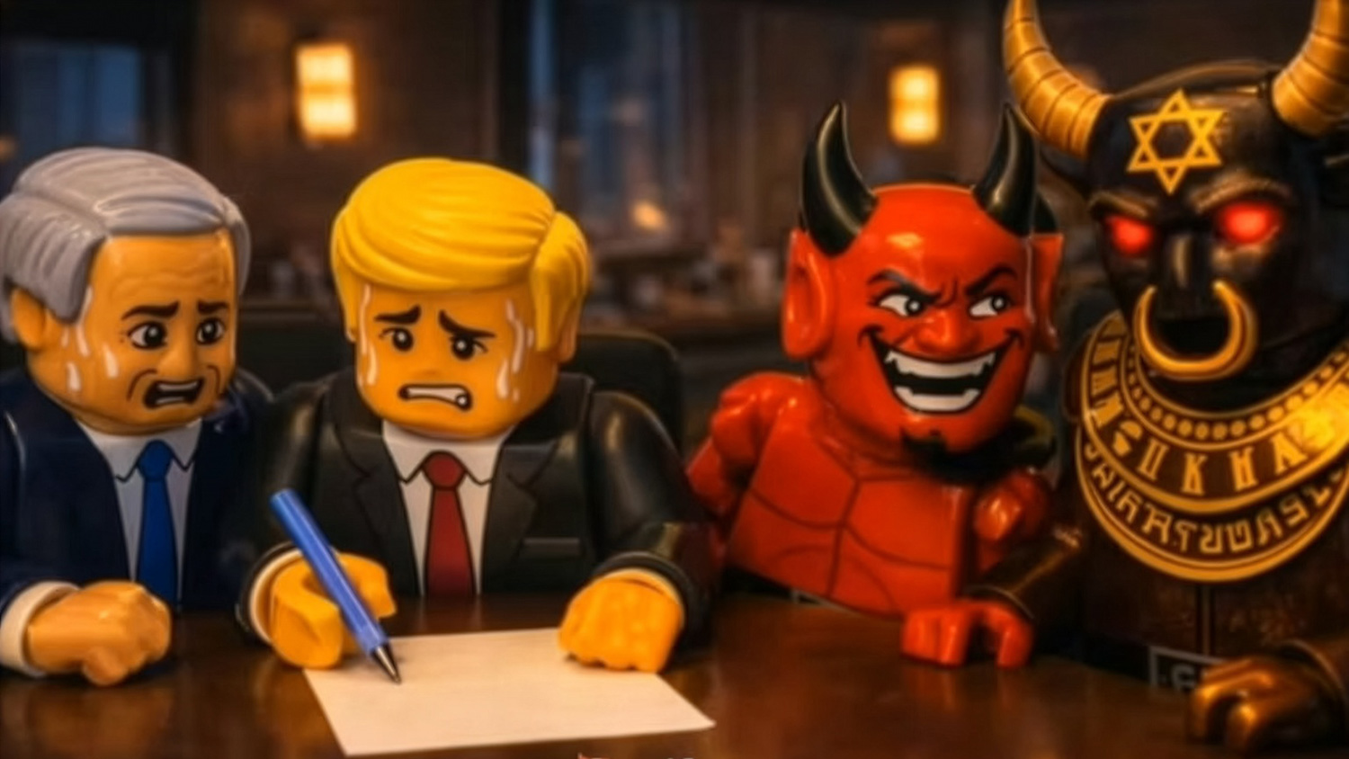 Personnages en Lego signant un document entourés de créatures démoniaques dans une ambiance inquiétante.