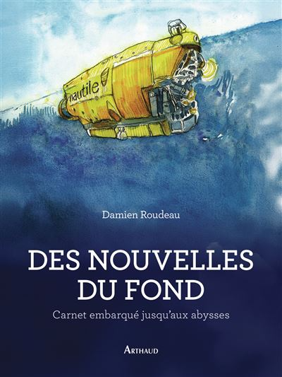 Couverture de livre "Des Nouvelles de la Terre" par Damien Roudeau, sous-marin jaune dans l'océan.