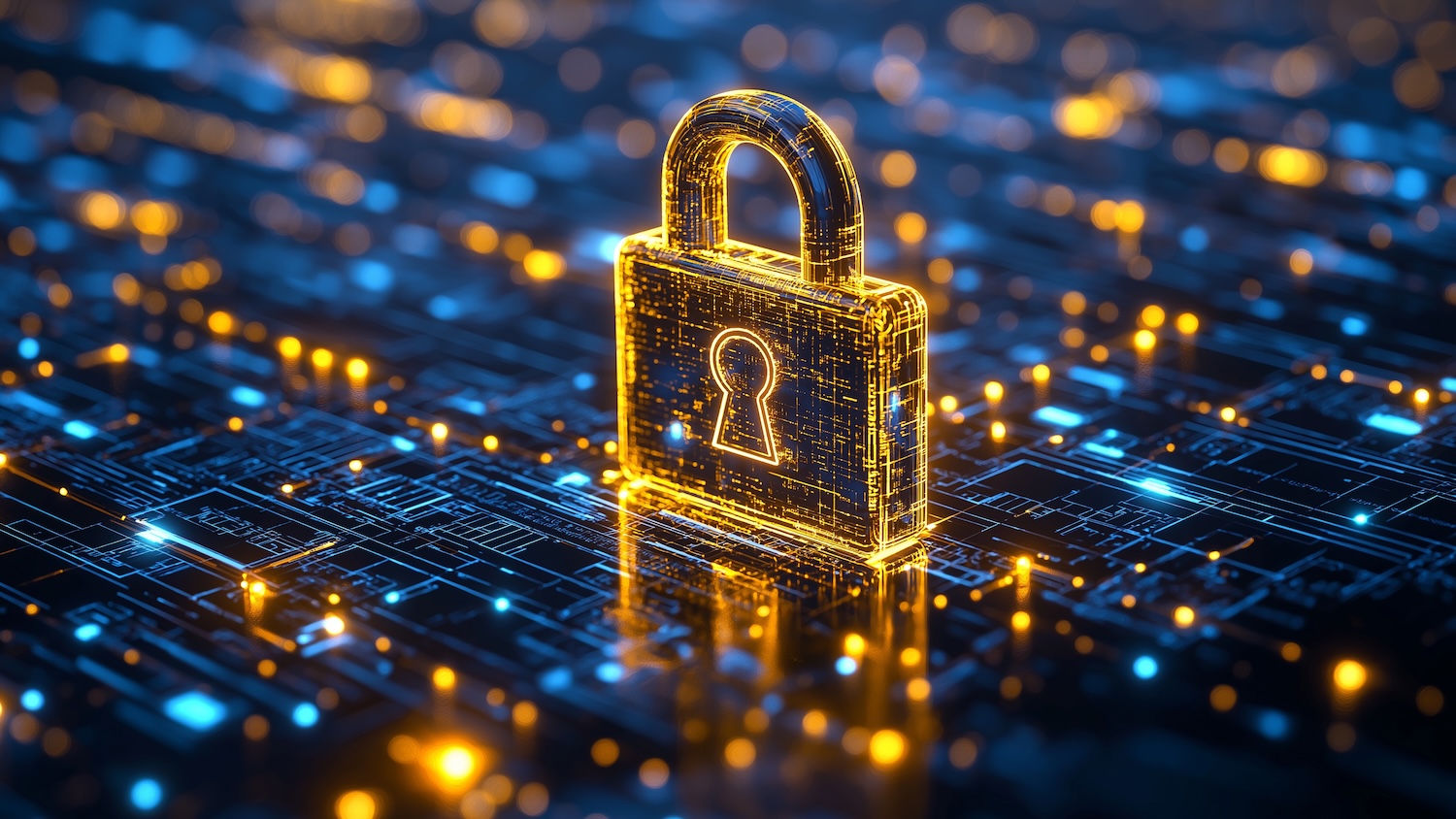Cadenas doré représentant la cybersécurité sur fond de circuits électroniques lumineux.